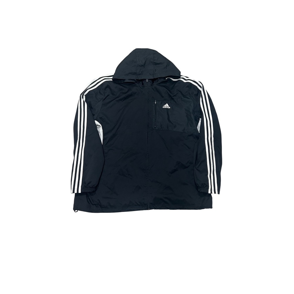 Adidas Mens Black White Three Stripe Hooded Windbreaker Jacket Full Zip XL
